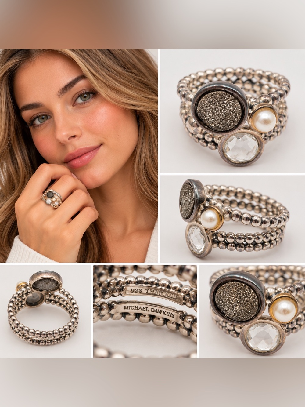 Michael Dawkins Sterling Silver Multi Stone Pearl Statement Ring Size 10